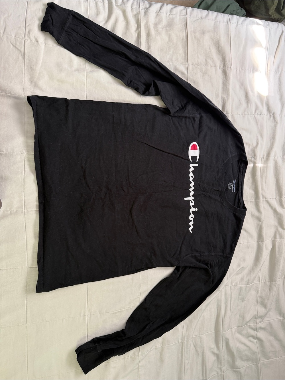 Champion Black Long Sleeve Tee with White Script and Red Logo